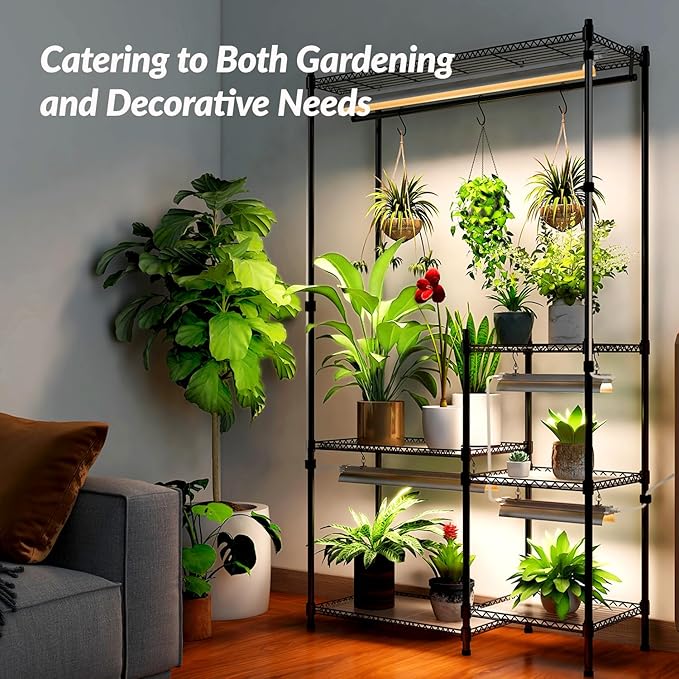 Indoor plant stand with grow light with timer, 3-Tier Metal plant shelf with grow light, 80W Full Spectrum LED Grow Light, Large plant stand for Living Room