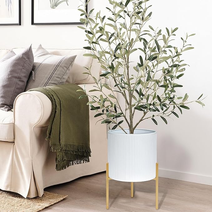 ARNIS Modern Plant Pots, Set of 2 Round Large Planters with Stand, Large Size Metal Pots with Drainage Holes for Living Room, Office, Garden or Balcony, 10.5 &12.25 Inch, White & Gold