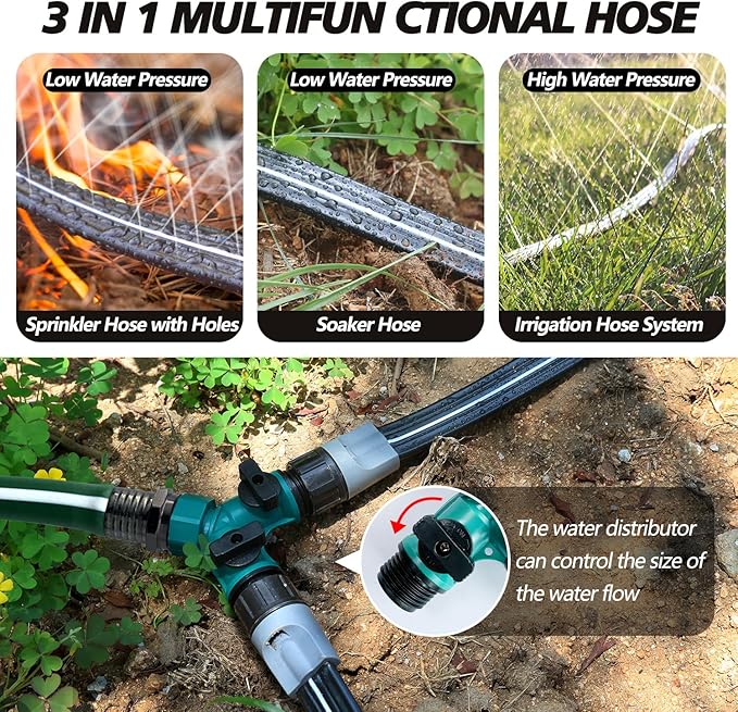 Sprinkler Hose with Holes, Flat Soaker Hose 50 ft (25 ft 2pack) with Garden Staples and Splitters, PVC Drip Line Irrigation Hoses for Lawn,Garden Beds Watering Hose (50 ft)