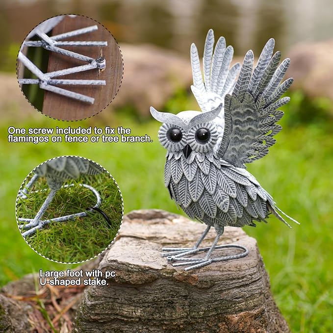 Nacome Owl Garden Decor Metal Yard: Art Outdoor Sculptures & Statues Large Bird Ornaments for Patio Balcony Front Backyard - Gifts for Grandma Mom(Gray)