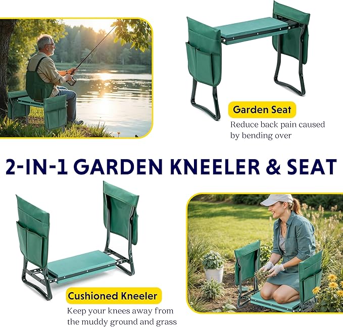 iPower Garden Kneeler and Seat, Foldable Stool, Gardening Bench with Thicken Widen Soft Kneeling Pad, Heavy Duty & 2 Tool Pouches, Gifts for Women, Mom & Dad, Grandparents, Seniors, Green