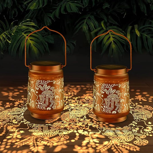 Solar Lanterns Outdoor Waterproof - Metal Hanging Solar Lights for Patio Yard Garden Decor, Christmas Birthday Gifts for Women Mom Men (2 Pack, Mushroom Shape)