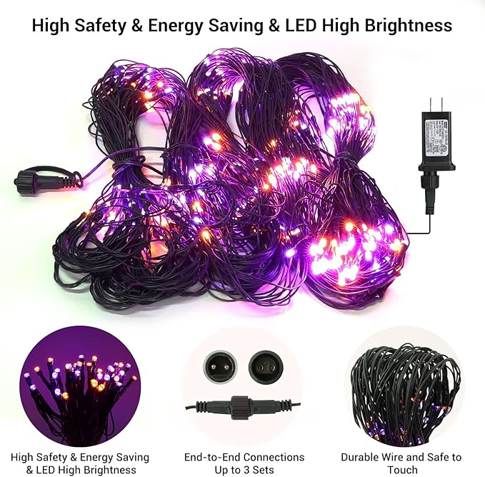Joomer 12ft x 5ft 360LED Orange Purple Halloween Net Lights Outdoor Mesh lights, 8 Modes Timer Connectable Waterproof Bush Lights Mesh Netting Lights for Halloween Outdoor Decorations (Green Wire)