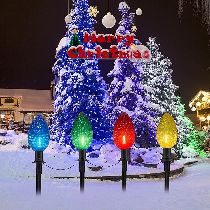 Abeja C9 Christmas Multicolor Pathway Lights, 2 Pack 7Ft Outdoor Pathway Markers Lights with 8 Jumbo C9 LED Multicolor Bulbs, Connectable Christmas Walkway Lights for Driveway Yard Garden Decor
