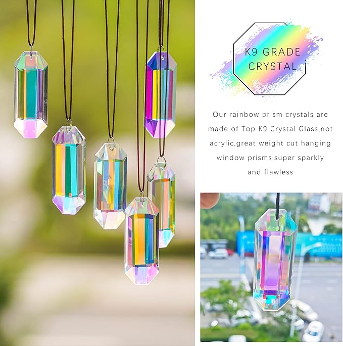 6 Pack 3'' Crystal Sun Catchers, AB Color Hanging Ornaments for Windows Sticks Prism Suncatchers for Garden Home Decor Office Living Room Windows Crystal Rainbow Maker