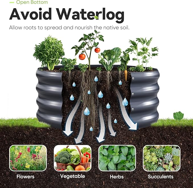 KING BIRD Raised Garden Bed Galvanized Round Planter Box Outdoor for Gardening, Plants, Vegetables, Flowers, Dark Grey, 24x24x12 in 2 Packs