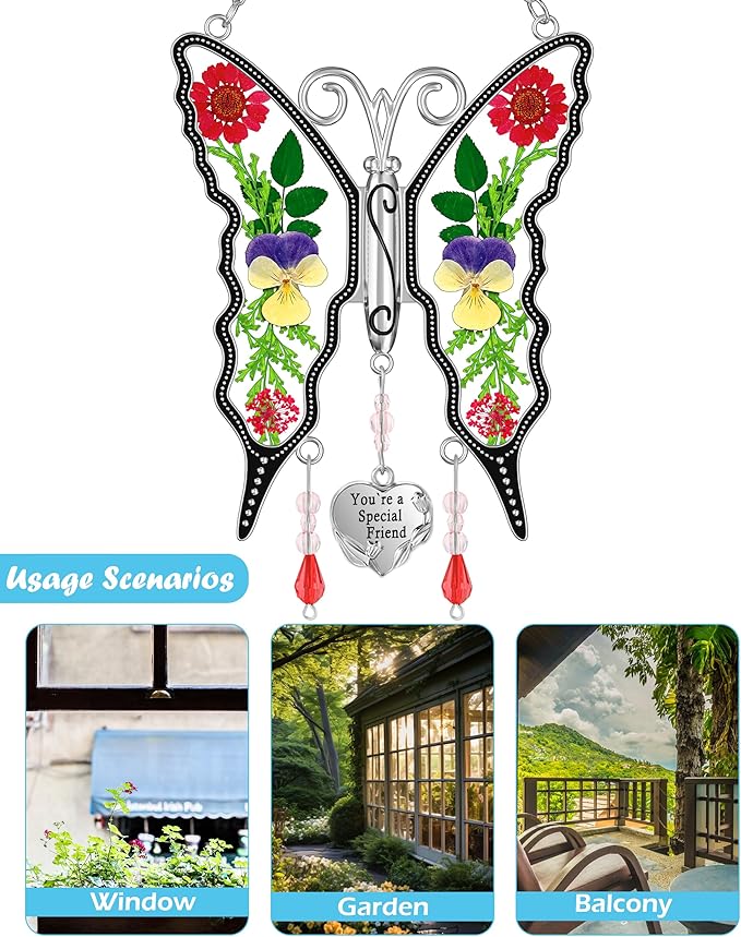KY&BOSAM Butterfly Suncatcher You`re a Special Friend Gift Glass Suncatchers for Window Hanging Wind Chime Ornament with Pressed Real Flower and Heart Charm Birthday Gift for Mother`s Day Valentine`s