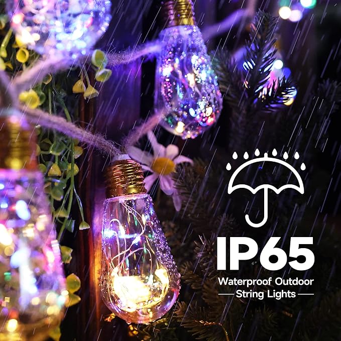 Solar Outdoor String Lights, 20Ft Vintage Rope Hemp Solar Patio Lights, Waterproof Multicolor Solar Powered String Lights With 8 Modes 16 Shatterproof Bulbs for Garden Fence Stairs Balcony Café Bistro