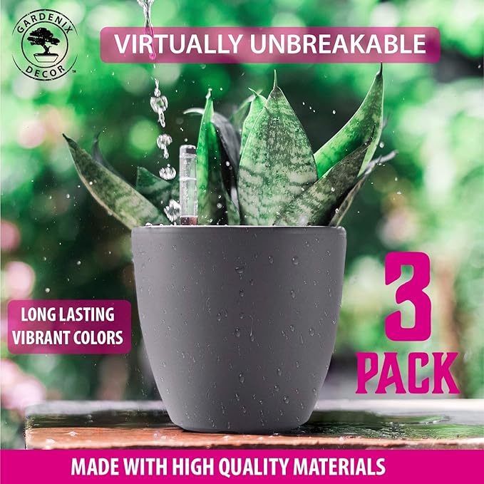 GARDENIX DECOR 7'' Self Watering planters for Indoor Plants - with Water Level Indicator for Flower Pot , Grow Tracking Tool - Coco Coir - Gray 3 Pack