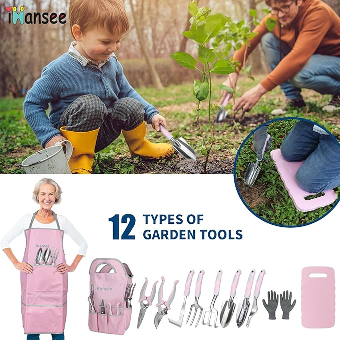 Pink Garden Tool Set 12 Pieces, iHansee Aluminum Gardening Hand Tools with Non-Slip Handle, Kneeling Pad, Apron, Gloves and Organizer Bag, Landscaping Tools - Gift for Women & Garden Enthusiasts