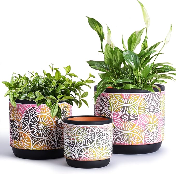 DeeCoo 3 Piece Ceramic Plant pots with Drainage Holes, 5.7/4.7/3.5/inch, Modern Decorative Indoor/Outdoor Flower Pots Set For Plants Lilies, Cacti, Succulents, Snakes, and Bamboo (Black)