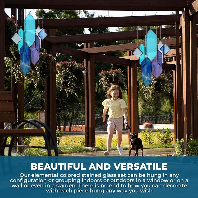 Stained Glass Window Hanging Sun Catcher - Blue Wall Art, Earth Tones Modern Design, Fully Assembled, Ready to Hang, Home or Garden Decor