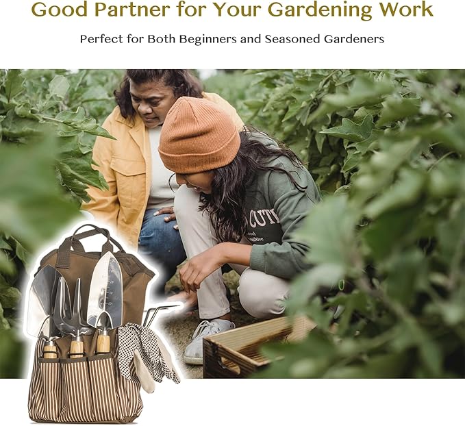 13 PCS Garden Tool Set with Wood Handle, Repotting Mat, Gardening Apron, Storage Bag Tote, Gardening Gift for Women