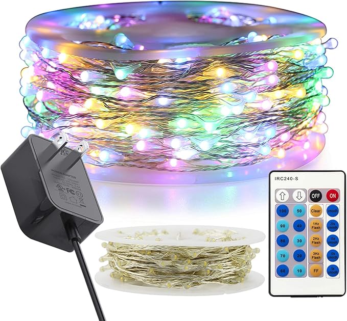 RUICHEN Multicolor Dimmable Fairy Lights Plug in, 99 Ft 300 LED Twinkle String Lights with Remote, Waterproof Silver Wire Firefly Lights for Bedroom, Patio, Yard, Christmas, Easter, Wedding, Party