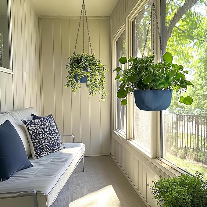 T4U 8 Inch Hanging Planters for Indoor Outdoor Plants, Self Watering Hanging Pot Pack of 2, Hanging Pots with Drainage Hole & Plug & Chain with 3 Hooks for Garden Home Decor, Blue