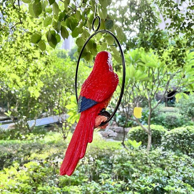 Lifelike Parrot Garden Statues Hanging Decor Ornaments Figurines Sculpture for Patio Lawn Yard, Blue Tail (Red Tail)
