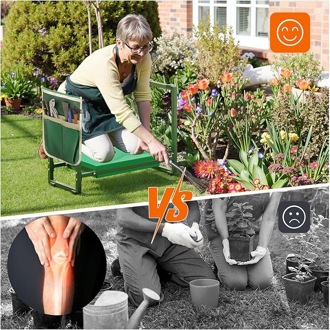 Garden Kneeler and Seat 10.2" Width, Garden Stool Load Cap 350 lbs, Garden Tools with Bags, Gardening for Women, Grandparents, Seniors, and Gardeners, Green JJ01GK02