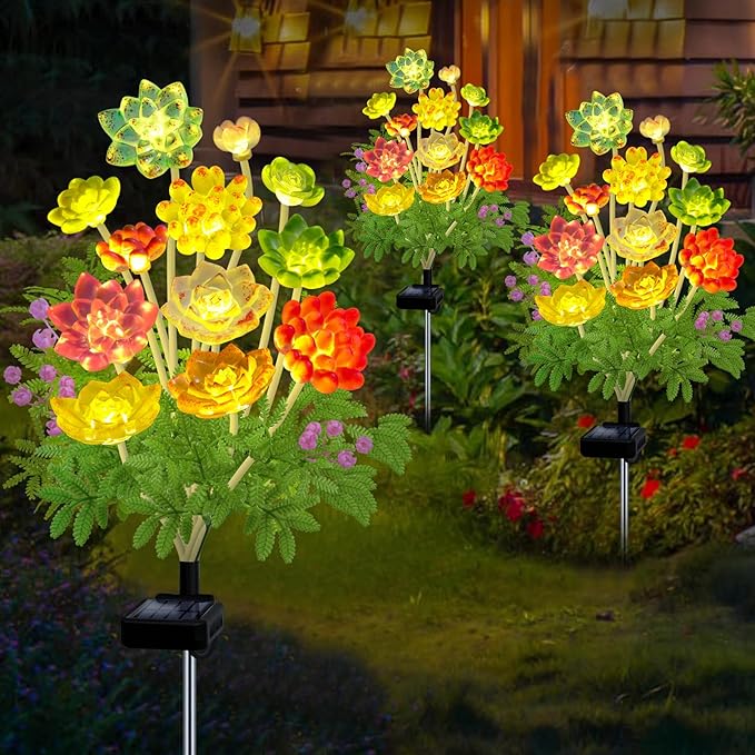 Kohlrabi Solar Garden Lights Outdoor, 2 Pack Upgraded Succulent Solar Lights, Mothers Day Gifts for Woman Mom Grandmom, Succulent Plant Yard Decor Waterproof for Lawn Patio Pathway