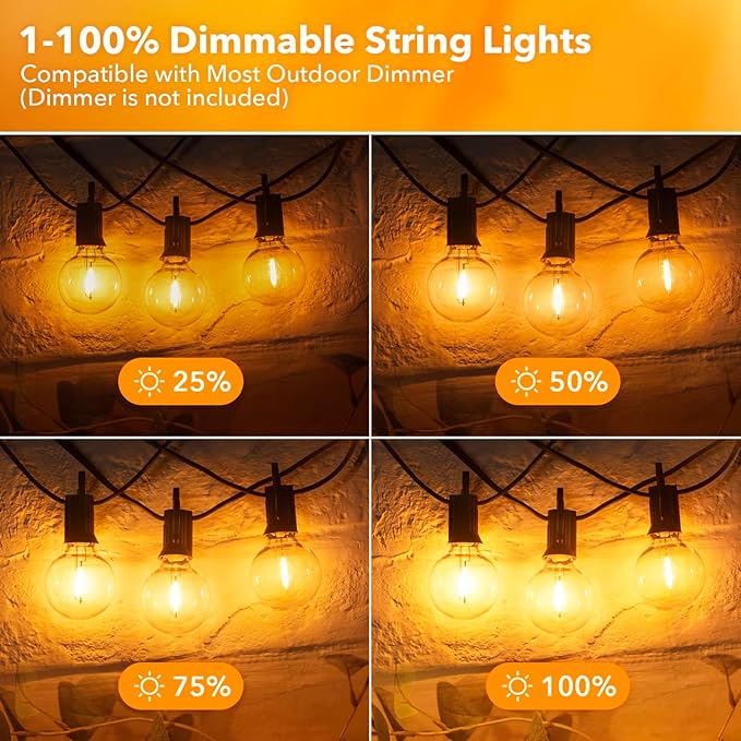 Outdoor String Lights – 50ft Connectable Patio Lights with 52 G40 LED Plastic Bulbs (2 Spare) Outside Vintage Hanging Lights for Backyard Bistro Balcony Porch Party Wedding, E12, 2200K, Black