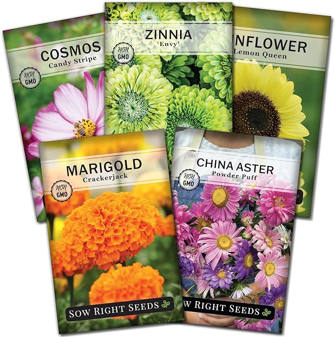Sow Right Seeds - Annual Flower Seed Garden Collection for Planting - 5 Packets Includes Marigold, Zinnia, China Aster, Sunflower, and Cosmos - Grow in Pots or Outside, Raised Beds - Variety Pack