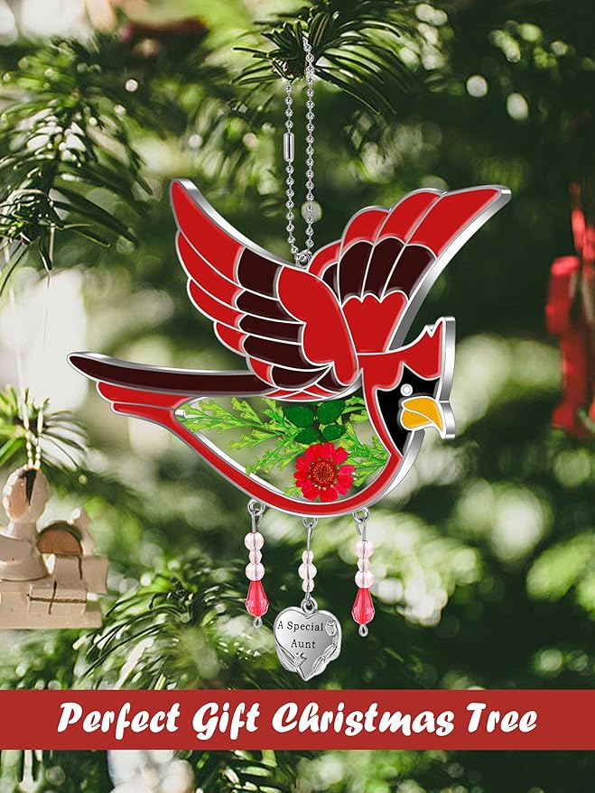 KY&BOSAM Cardinal Suncatcher A Special Aunt Had-Painted with Pressed Real Flower Wings Mother's Day Glass Hanging for Window Ornament with Metal Heart Charm Birthday Gift for Women Unique