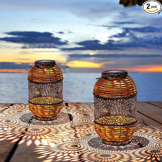 2 Pack Solar Lanterns Outdoor,Rattan with Metal Decorative Garden Hanging Lanterns Waterproof Christmas Gifts for Women LED Light with Handle for Table,Patio,Pathway,Pergolas,Tree,Yard,Fence,Hook