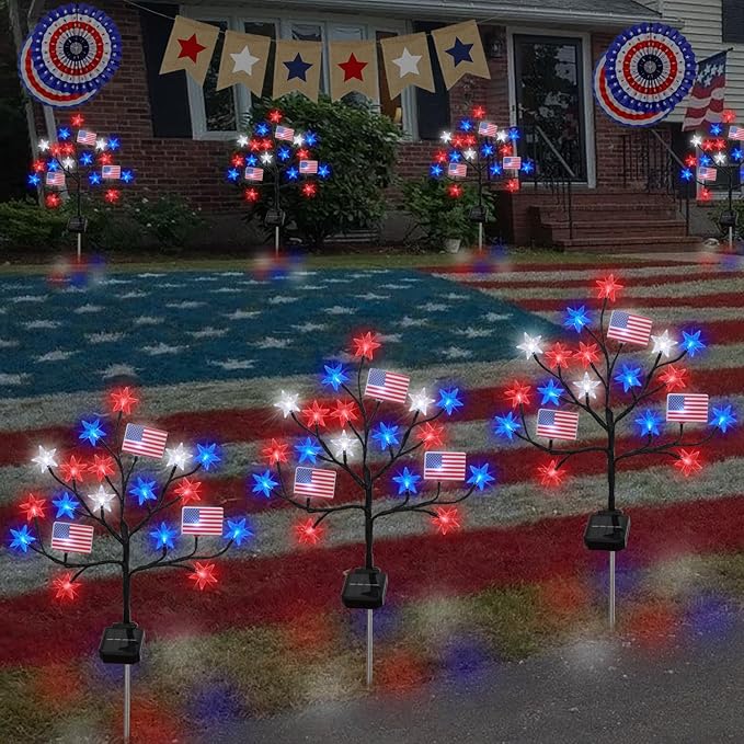 Upgraded 4th of July Decorations Solar Lights, 2 Packs 40LED Red White and Blue 4th of July Stake Lights, Outdoor Waterproof Memorial Day Decorations Patriotic Lights for Garden Yard Pathway Grave
