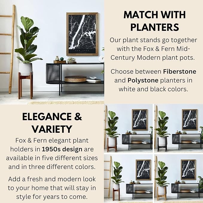 Fox & Fern Adjustable Tall Plant Stand Indoor — 8 to 12 Inch Mid Century Bamboo Plant Stand with Adjustable Width; Plug In Design; Easy to Assemble; Two Height Options - For 8, 9, 10, 11 & 12 In Pots