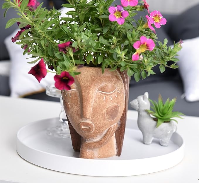 Head Planters for Indoor Plants, Face Flower Pot Head Planter Succulent Planters Unique Face Planter with Drainage Hole - Rustic Thinking Girl Closed Eyes