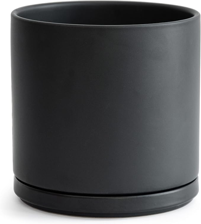 D'vine Dev 10 Inch Ceramic Planter Pot with Drainage Hole and Saucer, Indoor Cylinder Round Planter Pot, Black, 94-O-E-2