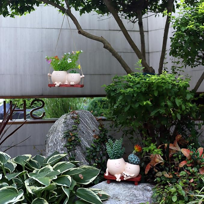 Hanging Planter Swinging Face Planters, Unique Head Flower Pots for Indoor Outdoor Plants, Cute Face Vase Funny Fence Wall Planter Succulent Pots