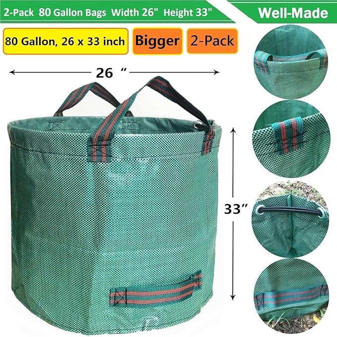 Professional 2-Pack 80 Gallon Big Lawn Yard Garden Bags (D26, H33 inch) with Gardening Gloves, Yard Waste Bag,Debris Bag,Camping Waste Bag,Recycle Bag,Grass Clippings Bag,Weeds Bag,Leaf Bags 4 Handles