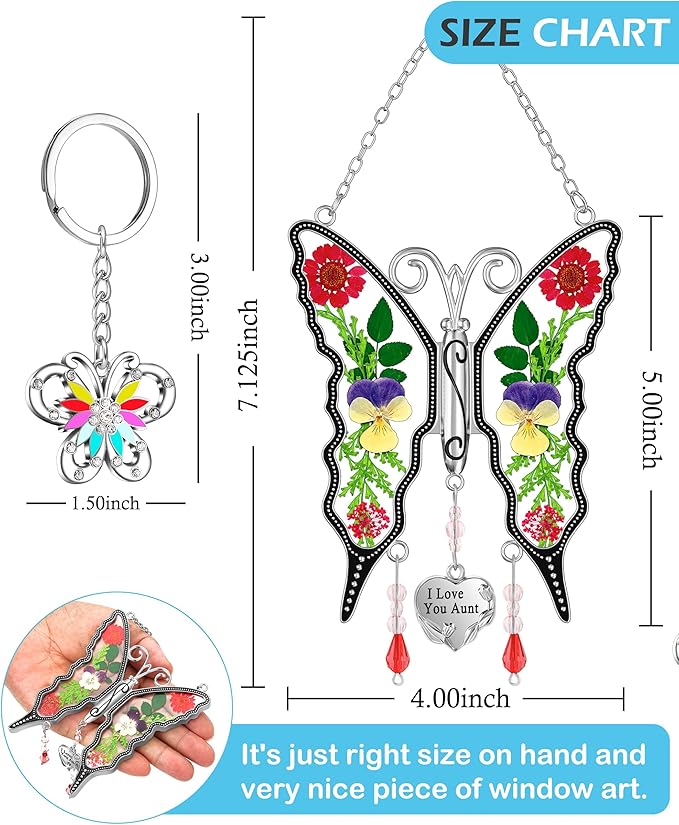 KY&BOSAM I Love You Aunt Butterfly Suncatcher for Windows Gifts for Aunt Pressed Flower Between Wings Glass Metal Engraved Charm Gifts for Aunt Mother's Day Valentine's Birthday Thanksgiving Christmas
