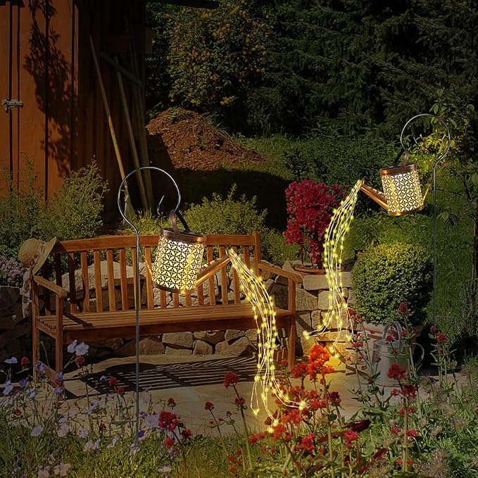 Solar Watering Can with Lights, Outdoor Garden Decor, Hanging Lantern Waterproof, Metal Solar Waterfall Lights for Yard Patio