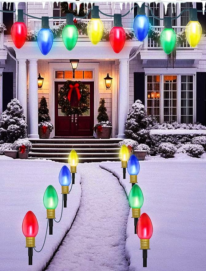 Jumbo C9 Christmas Pathway Lights Outdoor, 2Pk Total 14Ft Outdoor Christmas Decorations with 8 LED Jumbo C9 Clear Multicolor Light Bulbs, Christmas Walkway Lights for Lawn Holiday Yard Garden Sidewalk