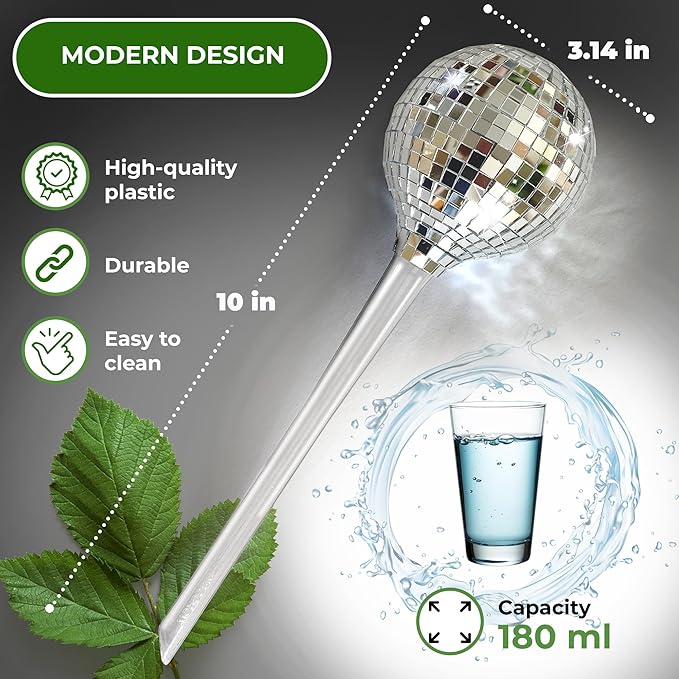 2X Plant Self Watering Globes in decorative Disco Ball Design - 180ml Capacity Self Watering Insert Indoor & Outdoor - Automatic Plant Watering Devices