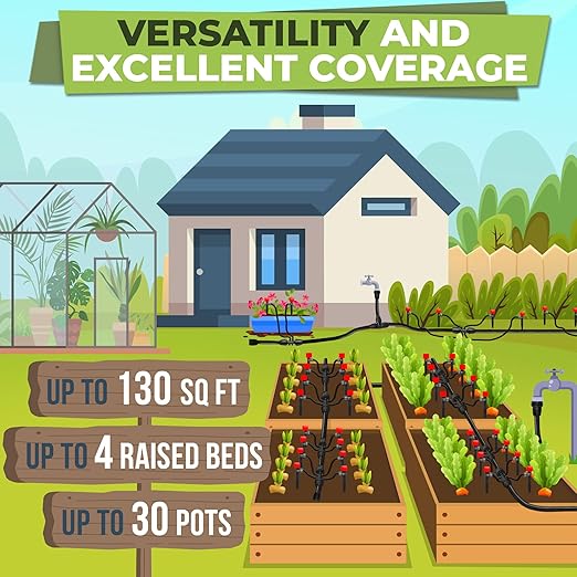 CARPATHEN Drip Irrigation System - Adjustable Quick Connect Irrigation System for Gardens up to 130ft, Raised Beds - Complete Garden Watering System - 1/4 Emitters, 1/2" and 1/4" Tubing and Connectors