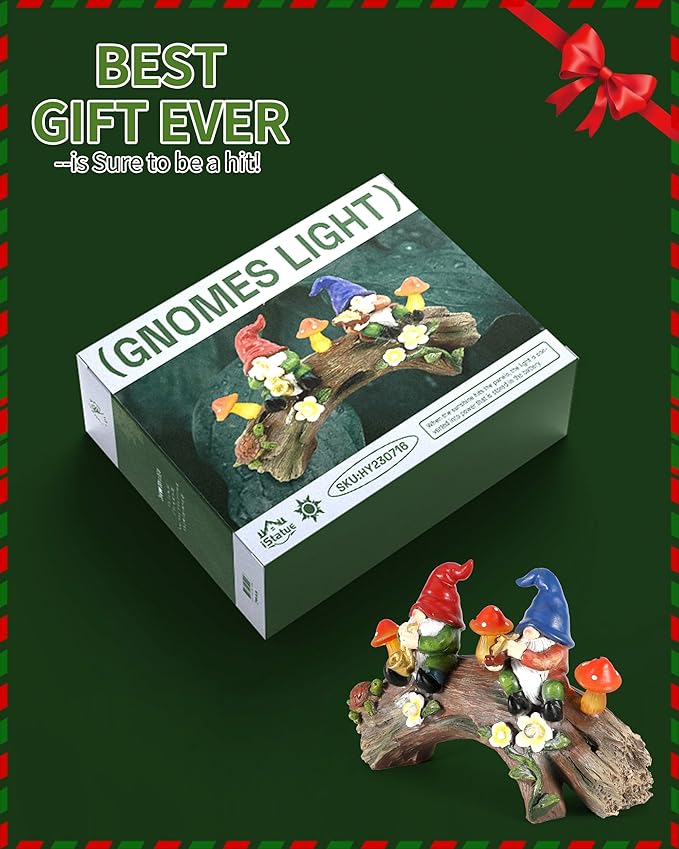 iStatue Enchanted Fairy Garden Gnomes Solar Light - 9'' Hand-Painted Resin Miniature Figurines Perfect for Yard Art Outdoor Patio Decor Lawn Ornaments and Statues Decorations (Gnomes)