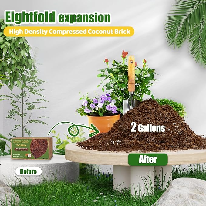Coco Coir Bricks for Plants 1.4LB, All Natural Organic Compressed Coconut Coir Fiber, Easy to Expand, Low EC, pH Balanced, Ideal for Vegetables, Herbs, Flowering Plants (1 Pcs)
