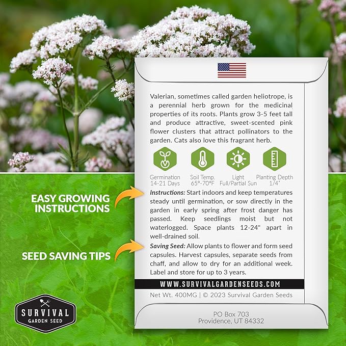 Valerian Seeds for Planting - 3 Packets with Instructions to Plant and Grow Medicinal Herb Valeriana Officinalis in Your Home Herb Garden - Non-GMO Heirloom Variety - Survival Garden Seeds