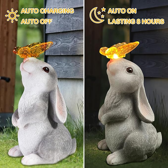 Attivolife Garden Solar Outdoor Statues Rabbit Light, Bunny with Butterfly & 7 Color Change Lamp, Patio Easter Ornament for Lawn Balcony Porch Yard Art Decor, for Mom Grandma