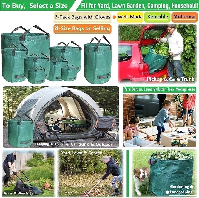 Standard 2-Pack 16 Gallon Yard Lawn Garden Bags (D18, H15 inch) with Gardening Gloves, Yard Waste Bags,Garden Debris Bag,Camping Trash Bags,Recycling Bag,Laundry Bag,Lawn Weeds Bag,Leaf Bags 4 handles