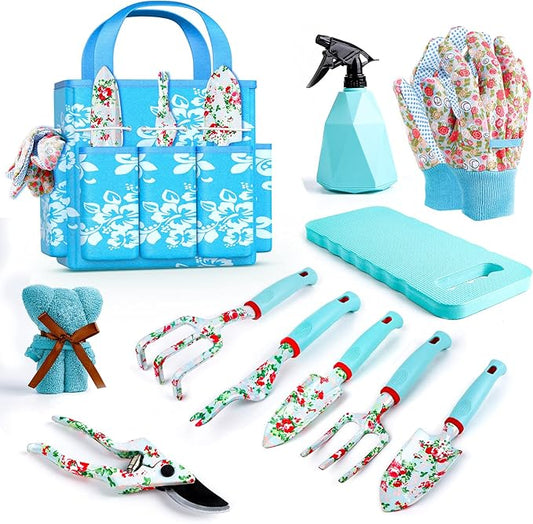 JUMPHIGH Floral Garden Tools Set, 11 PCS Heavy Duty Gardening Tools Includes Hand Trowel Rake Weeder Pruner Sprayer, Gardening Gifts for Women, Garden Kit with Storage Tote Bag and Garden Gloves