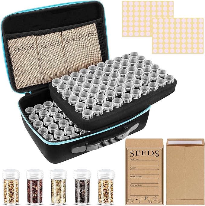120 Slots Seed Storage Organizer with 20 Seed Envelopes, Sturdy Seed Organizer Storage Box with Zipper Bag Label Stickers(Seeds not Included), Seed Storage Container for Flower Plants Garden