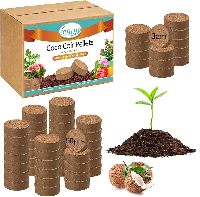 Legigo 50 Pcs 30mm Coco Coir Pellets Seed Starting Soil Mix- Compressed Coconut Coir Pellets Potting Soil Pods for Seedling, Coco Peat Soil Discs for Indoor & Outdoor Plants, Herb Vegetables Flowers