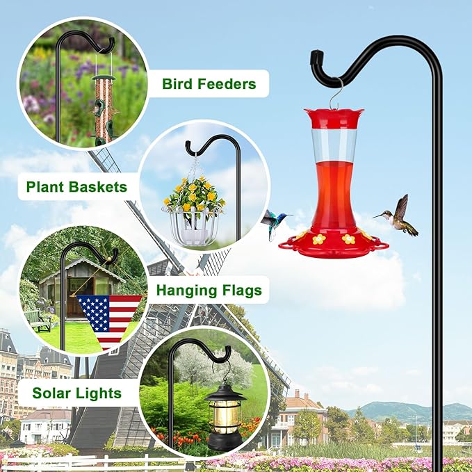 FEED GARDEN Adjustable Shepherd Hook Bird Feeder Pole with 7 Prongs Base, 108 Inch Tall 5/8 Inch Thick, Heavy Duty Outdoor Garden Poles for Hanging Bird Feeders, Plant Baskets, Black (2 Pack)