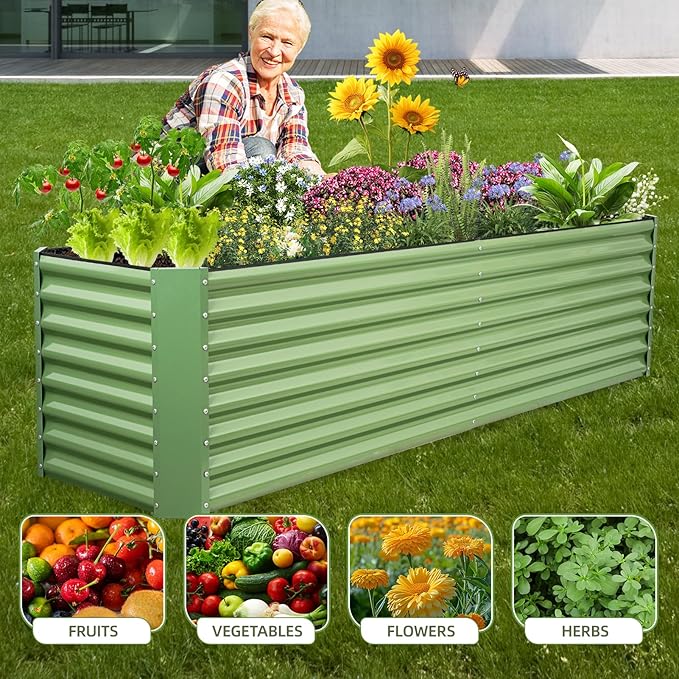 8x2x2ft Raised Garden Bed - Galvanized Deep Root Planter Boxes Outdoor with Wing Nuts and Safety Edges for Gardening Vegetables, Flowers, Herbs, Succulents - Olive Green