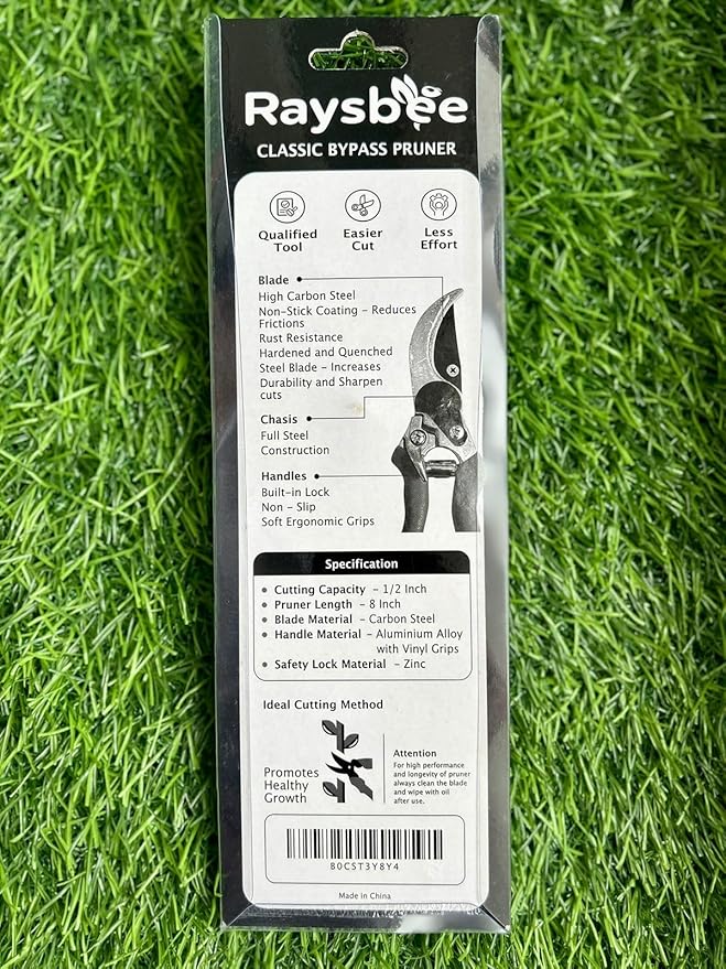 Raysbee Premium Plant Cutting 8' Professional Garden Bypass Pruner,Ergonomic,Rust-Resistant,Sharp Heavy duty Carbon Steel Blade, 1/2" Cutting, Non-slip Grip, Garden Scissors, Clippers, Shears