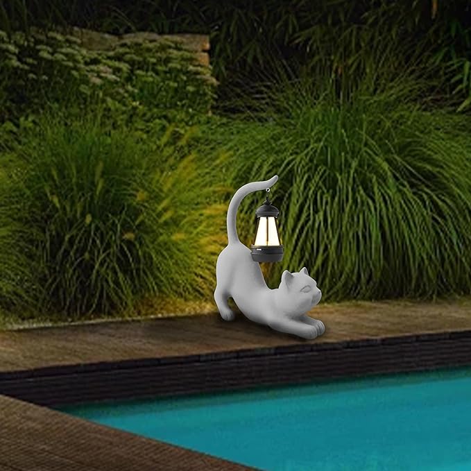 Solar Cat Garden Statue 15 Inch Porch Patio Decor for Outside Yard Decoration Outdoor Unique Housewarming Gardening Birthday Gifts for Cat Lovers Women Grandma