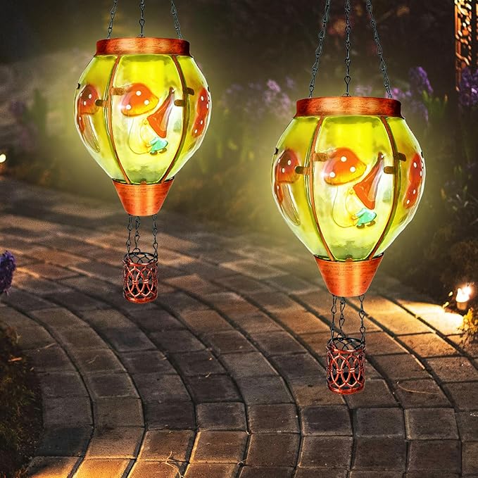 4 Pack Solar Hot Air Balloon Lantern with Flame， Mushroom Gnome Glass Solar Hanging Lanterns Outdoor for Outside Garden Patio Tree Porch Yard, Mushroom Gifts for Women Grandma Mom - Mushroom